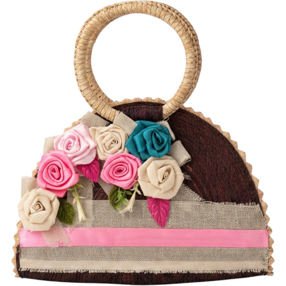 Unbranded Vintage Woven Straw Floral Basket Purse Brown Cottagecore Retro Boho